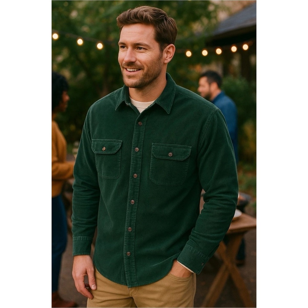 J.Crew‎ Mens Forest Green Corduroy Long Sleeve Button Down Shirt Large L Pocket